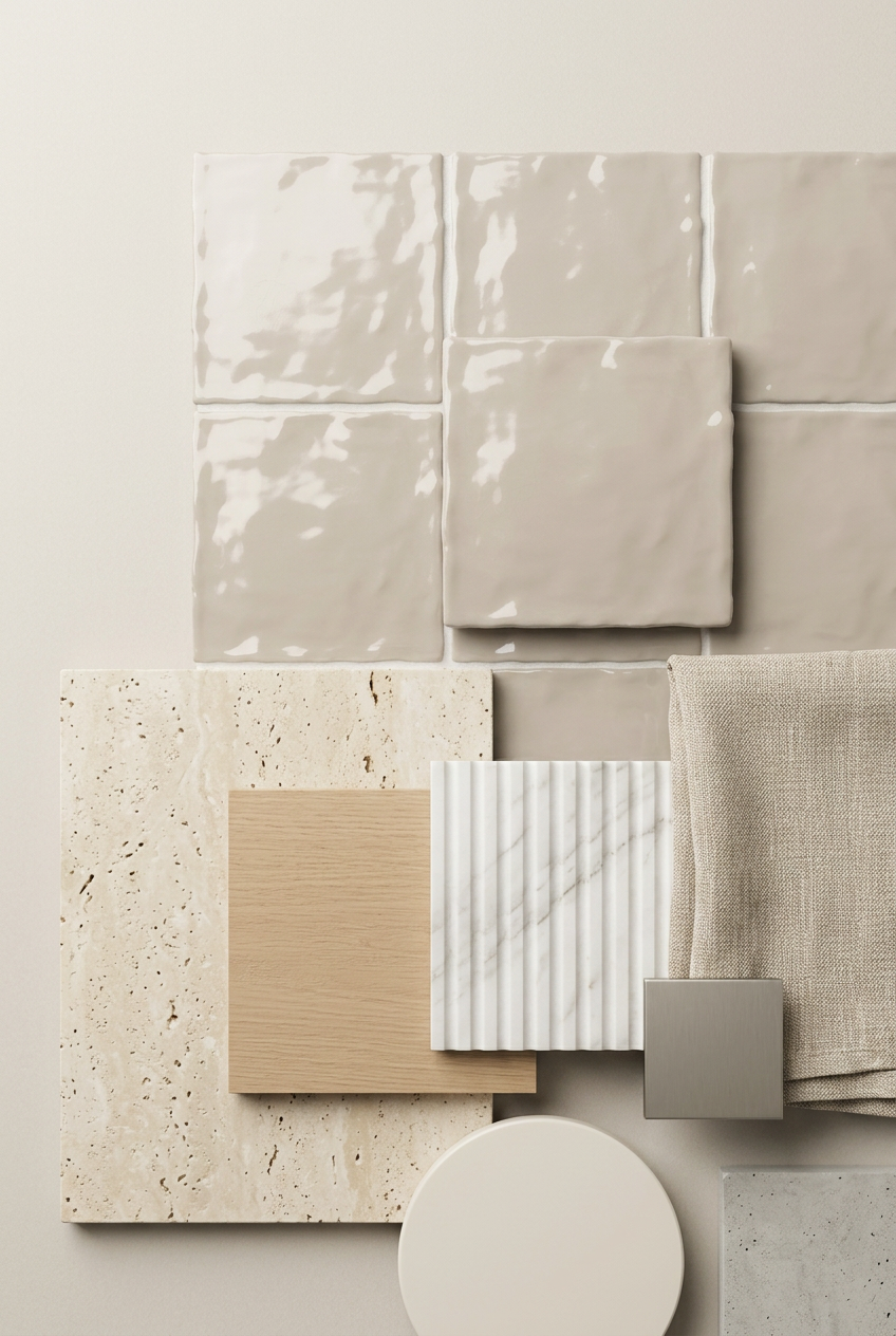 Een sfeervolle wand van glanzende 10x10 tegels in een warme kleur, die het licht subtiel reflecteert en ritme toevoegt aan het interieur.