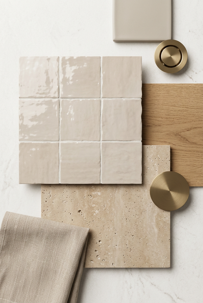 Een lichte Scandinavische badkamer met een accentwand van zachtgroene Mindelo Glans Jade tegels, gecombineerd met een licht houten meubel.