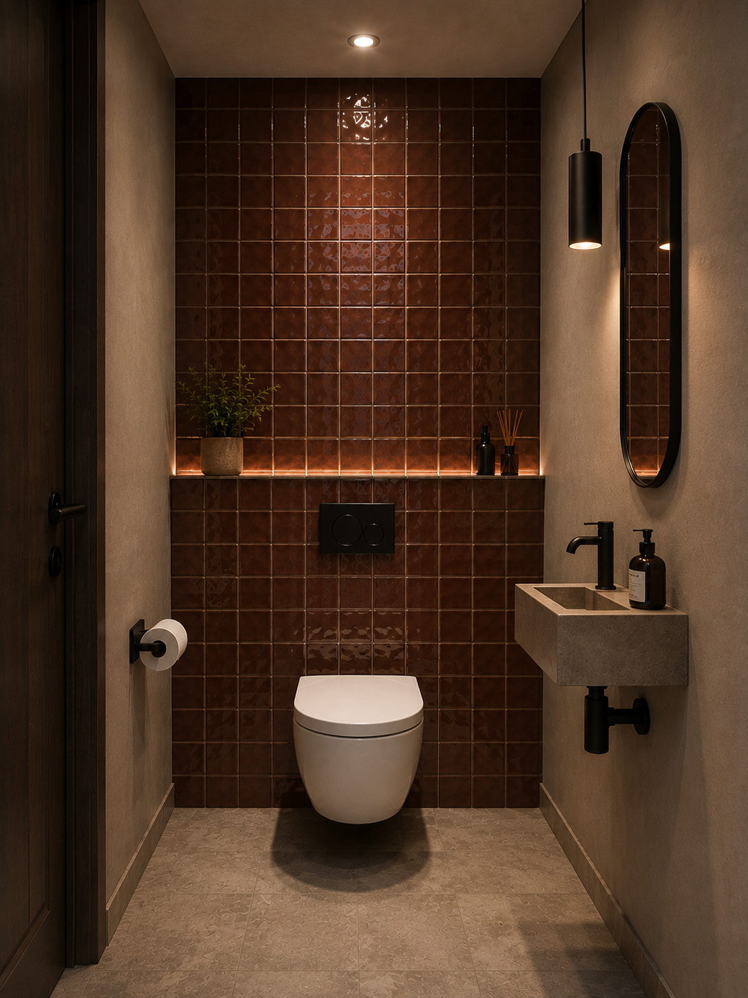 Een sfeervolle hotel chic badkamer met diepbruine, glanzende 10x10 tegels 